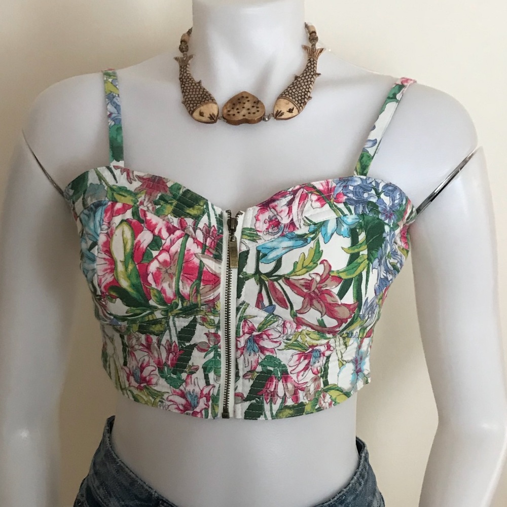 Very J Floral Zip Front Crop Top / Bustier Top M
